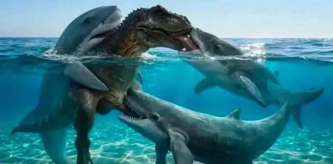 T-Rex Fighting Sharks blank meme template